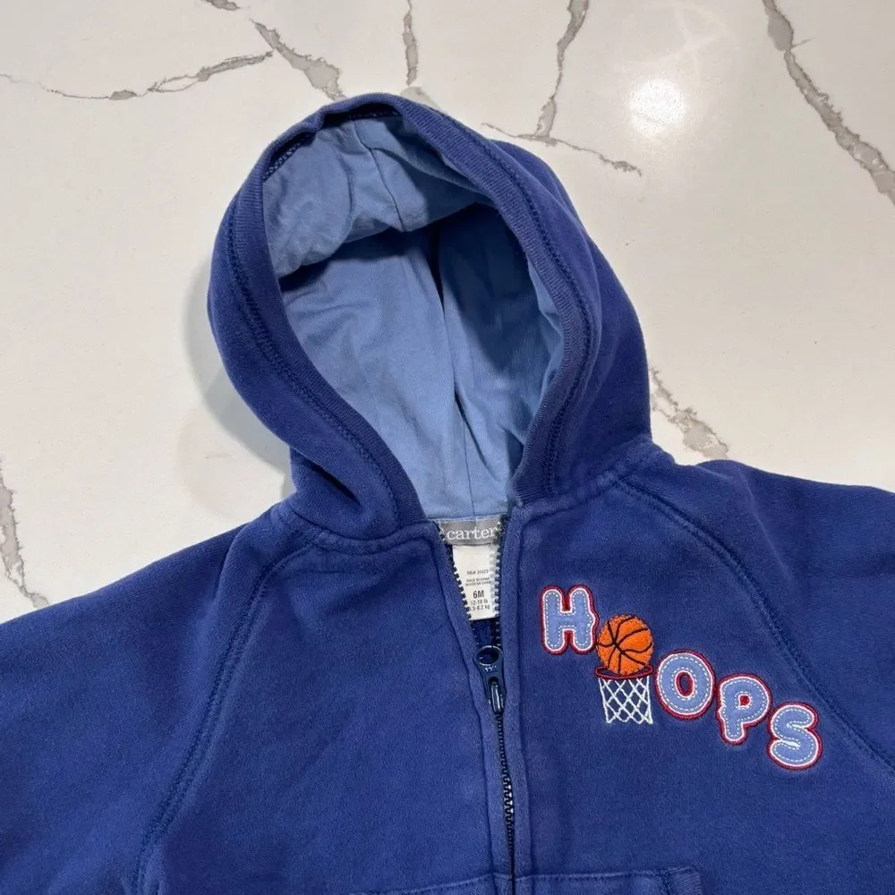 Carter's Infant Baby Blue Hoops Full Zip Hoodie Pockets Size 6M Embroidered